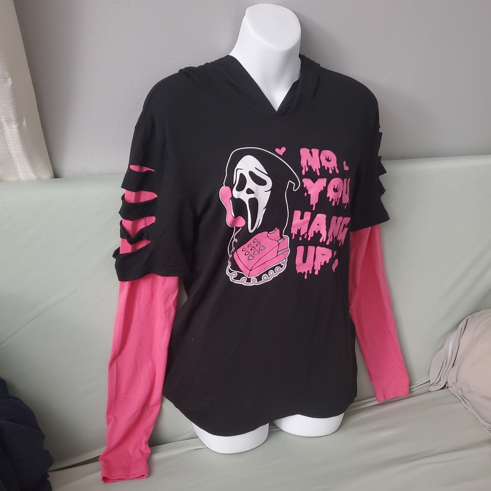 'Ghost Face' Black & Pink Graphic Hooded Long Sleeve Top